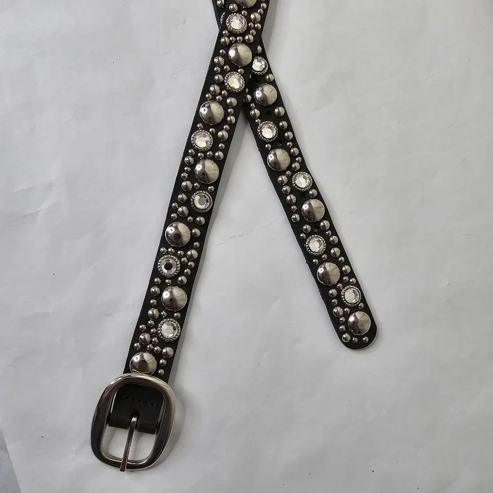 Streets Ahead Double Length Stud & Rhinestone Embellished Black Skinny Belt